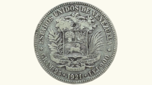 EE.UU. DE VENEZUELA, 5 Bolívares, 1921, VF+.  **FUERTE**