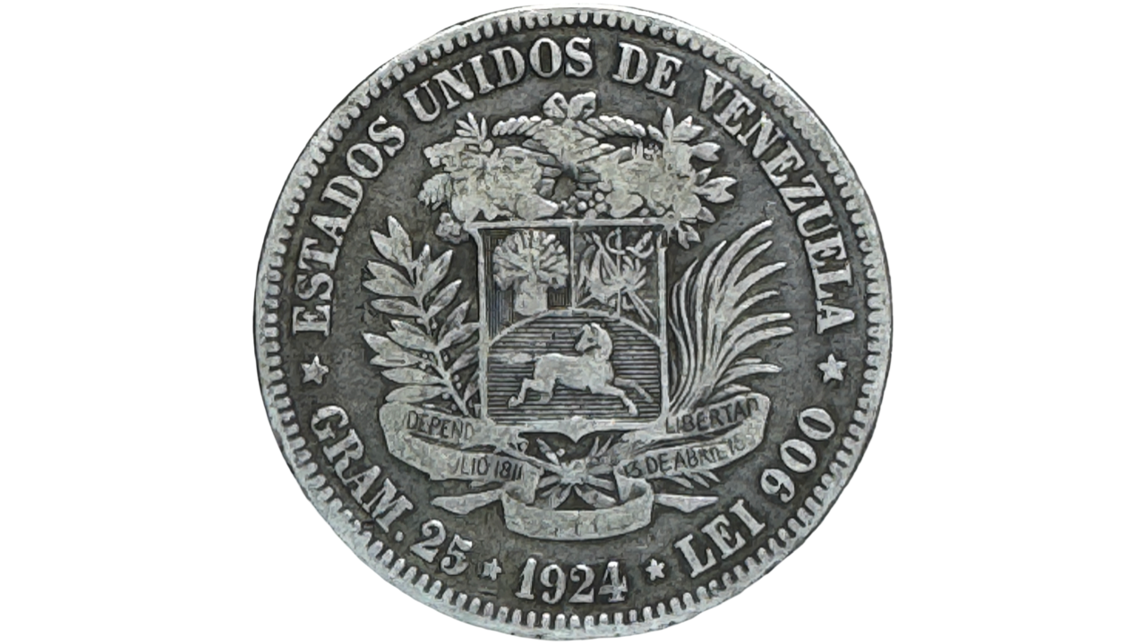EE.UU. DE VENEZUELA, 5 Bolivares, 1924, F/VF. **FUERTE**