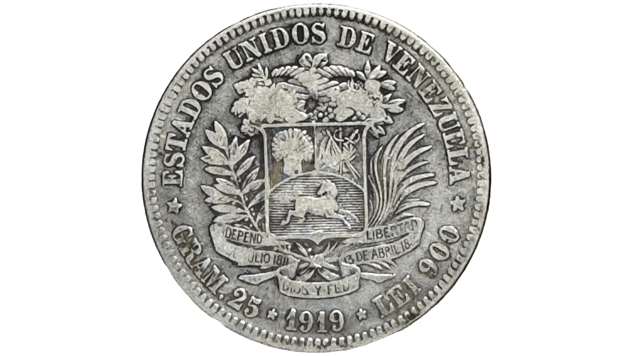 EE.UU. DE VENEZUELA, 5 Bolívares, 1919, VF+. **FUERTE**