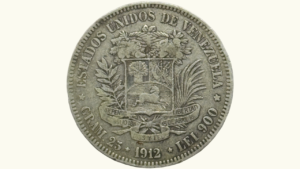 EE.UU. DE VENEZUELA, 5 Bolívares, 1912, VF+.  **FUERTE**