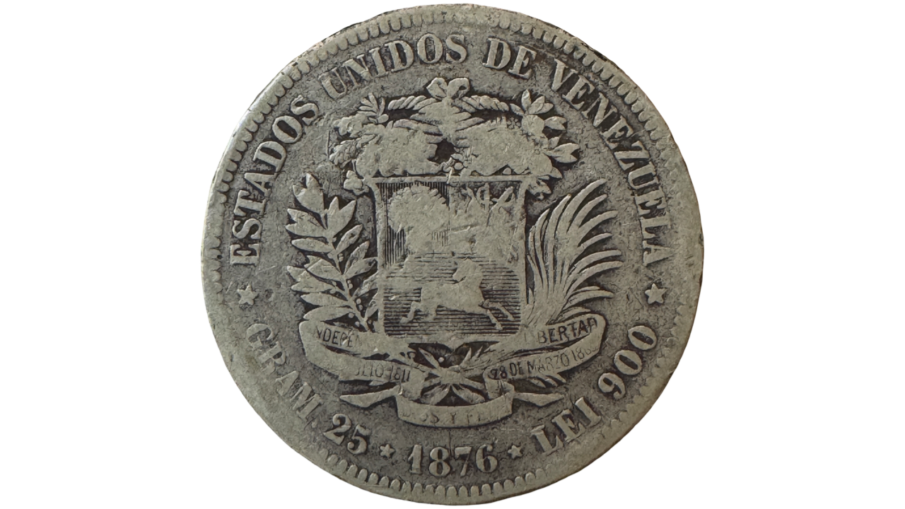 EE.UU. DE VENEZUELA, 1 Venezolano, 1876, F. **PRIMERA MONEDA CON LA ESFINGE DEL LIBERTADOR**