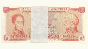VENEZUELA, 5 Bolívares, Enero-29-1974, Serie D7, AU+/UNC.  **FAJO O PACA**