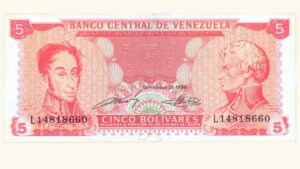 VENEZUELA 5 Bolívares, Sept-21-1989, Serie L8, AU+/UNC