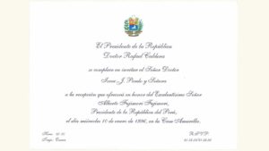VENEZUELA, Tarjeta de Invitación Presidencial, Dr. Rafael Caldera, Enero-10-1996