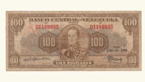 EE.UU. DE VENEZUELA, 100 Bolívares, Julio-31-1952, Serie D7, VF.  **CHOCOLATE**