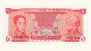 VENEZUELA 5 Bolívares, Sept-21-1989, Serie T7, UNC
