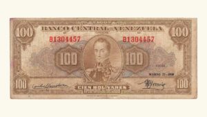 EE.UU. DE VENEZUELA, 100 Bolívares, Marzo-17-1949, Serie B7, VF.  **CHOCOLATE**