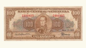 EE.UU. DE VENEZUELA, 100 Bolívares, Mayo-17-1951, Serie C6, VF.  **CHOCOLATE**