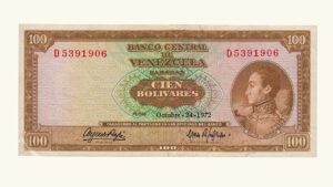 VENEZUELA, 100 Bolívares, Octubre-24-1972, Serie D7, XF