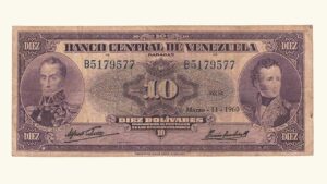 VENEZUELA, 10 Bolívares, Marzo-11-1960, Serie B7, VF.  **CARA VOLTEADA**
