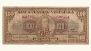 EE.UU. DE VENEZUELA, 100 Bolívares, Octubre-14-1948, Serie B6, VG/F.  **CHOCOLATE**