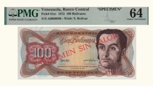VENEZUELA, 100 Bolívares, Noviembre-21-1972, Serie A7, PMG64.  **ESPECIMEN SIN VALOR**