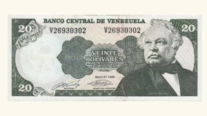 VENEZUELA, 20 Bolívares, Mayo-31-1990, Serie V8, XF+