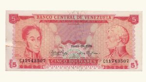 VENEZUELA, 5 Bolívares, Enero-29-1974, Serie C8, XF/AU.