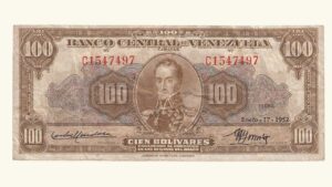 EE.UU. DE VENEZUELA, 100 Bolívares, Enero-17-1952, Serie C7, VF.  **CHOCOLATE**
