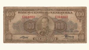 VENEZUELA, 100 Bolívares, Abril-22-1954, Serie E6, F.  **CHOCOLATE**