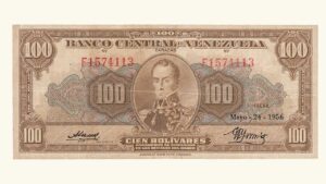 VENEZUELA, 100 Bolívares, Mayo-24-1956, Serie F7, VF.  **CHOCOLATE**