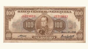 VENEZUELA, 100 Bolívares, Mayo-29-1958, Serie J7, VF.  **CHOCOLATE**