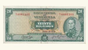 VENEZUELA, 20 Bolívares, Enero-29-1974, Serie Y7, AU