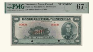 EE.UU. DE VENEZUELA, 20 Bolívares, 1941-1959, PMG67-EPQ.  **SPECIMEN**