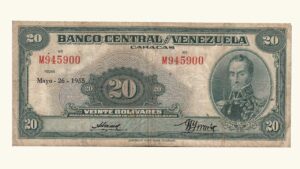 VENEZUELA, 20 Bolívares, Mayo-26-1955, Serie M6, VF.