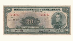 VENEZUELA, 20 Bolívares, Junio-18-1959, Serie T6, VF.