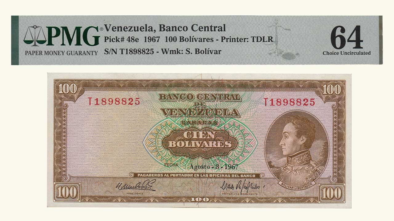 VENEZUELA, 100 Bolívares, Agosto-8-1967, Serie T7, PMG64