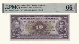 VENEZUELA, 10 Bolívares, Marzo-5-1968, Serie H7, PMG66 EPQ