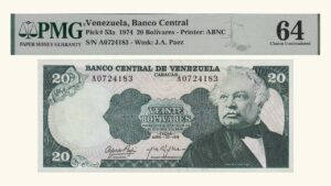 VENEZUELA, 20 Bolívares, Abril-23-1974, Serie A7, PMG66-EPQ