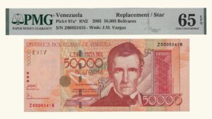 VENEZUELA, 50000 Bolívares, Septiembre-29-2005, Serie Z8, PMG65 EPQ.  **REPOSICION**