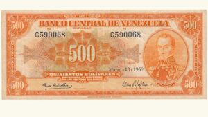 VENEZUELA, 500 Bolívares, Marzo-18-1969, Serie C6, VF+ **CANARIO**