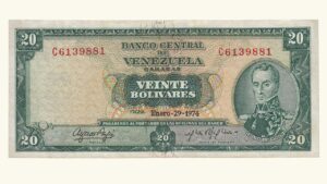 VENEZUELA, 20 Bolívares, Enero-29-1974, Serie C7, VF+/XF.