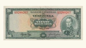 VENEZUELA, 20 Bolívares, Abril-11-1972, Serie U7, AU.