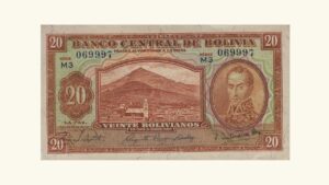 BOLIVIA, 20 Bolivianos, julio-20-1928, Serie M3, AU+