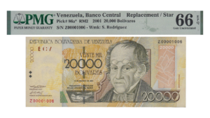 VENEZUELA, 20.000 Bolívares, Agosto-16-2001, Serie Z8, PMG66-EPQ.  **REPOSICION**