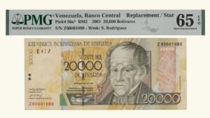 VENEZUELA, 20.000 Bolívares, Agosto-16-2001, Serie Z8, PMG65-EPQ.  **REPOSICION**