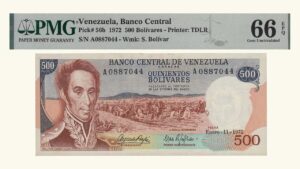 VENEZUELA, 500 Bolívares, Enero-11-1972, Serie A7, PMG66 EPQ.  **GURI/CONMEMORATIVO**
