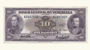 VENEZUELA, 10 Bolívares, Junio-18-1959, Serie A7, VF/XF.  **CARA VOLTEADA**