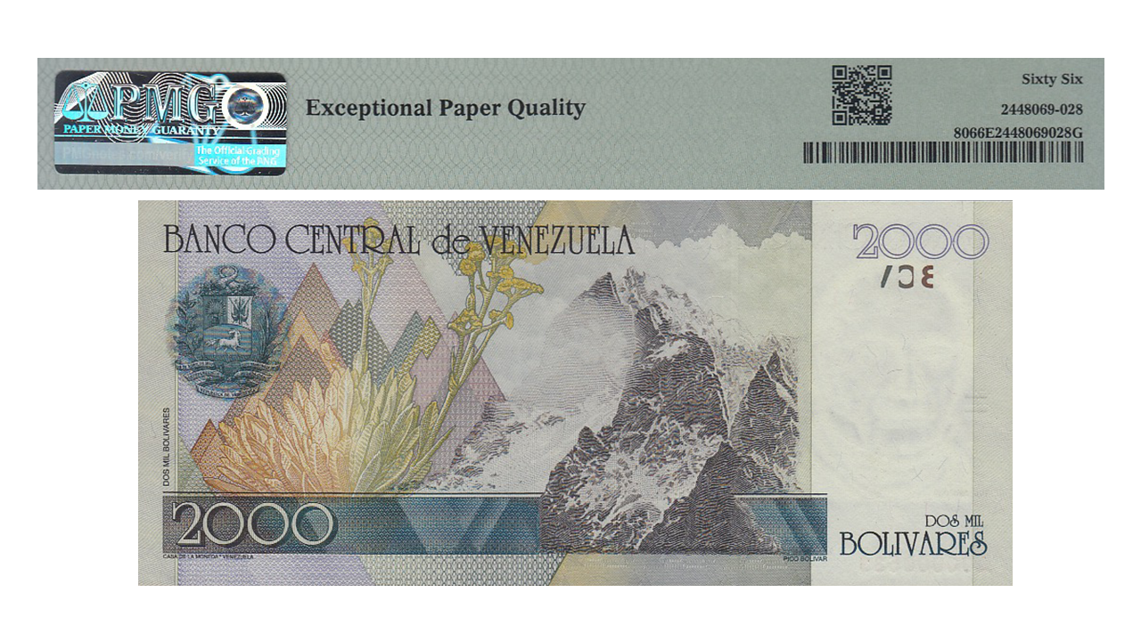 VENEZUELA, 2.000 Bolívares, Octubre-29-1998, Series A8, PMG66-EPQ. **SERIAL BAJO 00000533** - Imagen 2