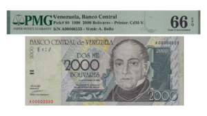 VENEZUELA, 2.000 Bolívares, Octubre-29-1998, Series A8, PMG66-EPQ.  **SERIAL BAJO 00000533**