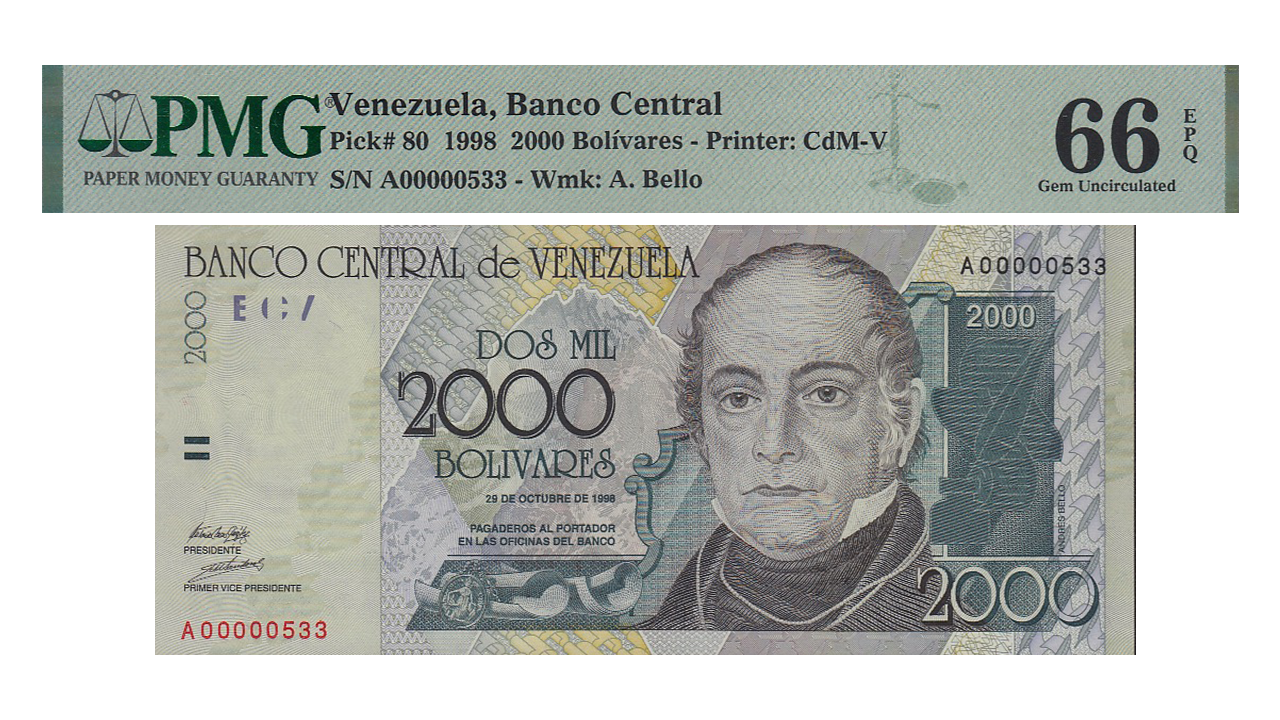 VENEZUELA, 2.000 Bolívares, Octubre-29-1998, Series A8, PMG66-EPQ. **SERIAL BAJO 00000533**