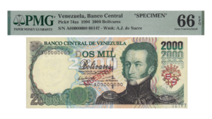 VENEZUELA, 2.000 Bolívares, Mayo-12-1994, Serie A8, PMG66 EPQ.  **MUESTRA**