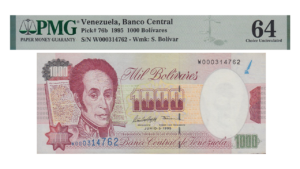 VENEZUELA, 1.000 Bolívares, Junio-5-1995, Serie W9, PMG64. **REPOSICION**