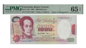 VENEZUELA, 1.000 Bolívares, Agosto-6-1998, Serie P9, PMG65-EPQ.  **CAPICUA O RADAR**
