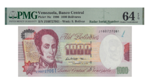 VENEZUELA, 1.000 Bolívares, Febrero-5-1998, Serie J8, PMG64-EPQ.  **CAPICUA O RADAR**