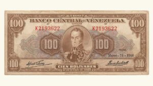 VENEZUELA, 100 Bolívares, Marzo-11-1960, Serie K7, VF+.  **CHOCOLATE**