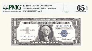 EE.UU., 1 Dollar, 1957, Serie U8A, PMG65.  **SELLO AZUL**