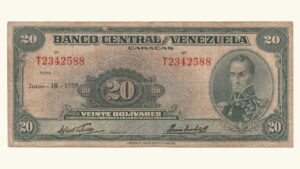 VENEZUELA, 20 Bolívares, Junio-18-1959, Serie T7, F.
