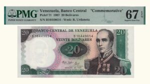 VENEZUELA, 20 Bolívares, Octubre-20-1987, Serie B8, PMG67-EPQ.  **CONMEMORATIVO**