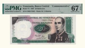 VENEZUELA, 20 Bolívares, Octubre-20-1987, Serie C8, PMG67-EPQ.  **CONMEMORATIVO**
